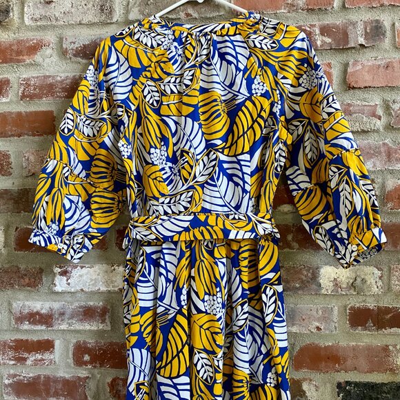 Talbots, YellowBlueWhite Dress, Button Front, Pockets, Waist Tie, Size 8P, NEW! - Picture 11 of 12